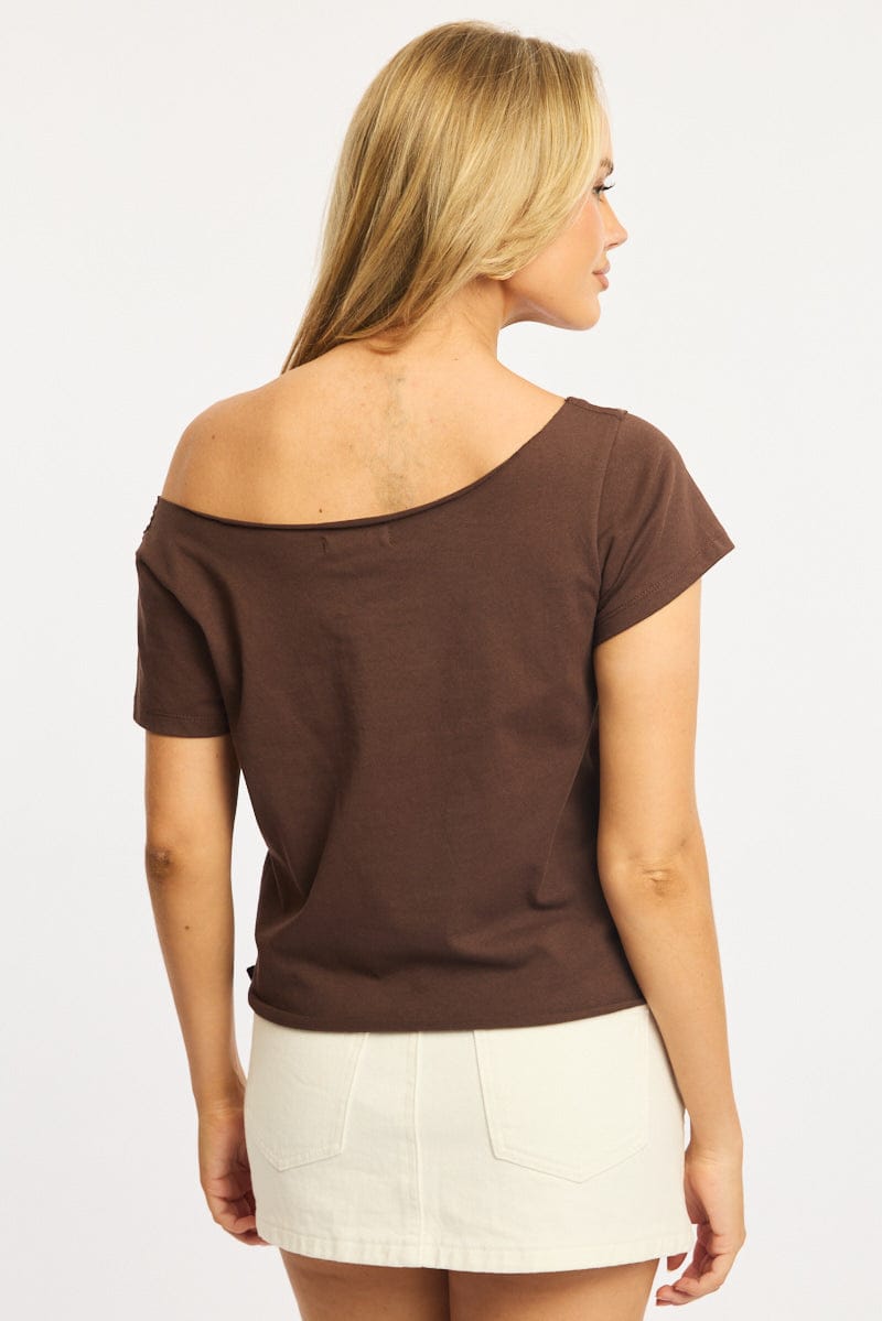 Brown Off Shoulder T-Shirt Short Sleeve