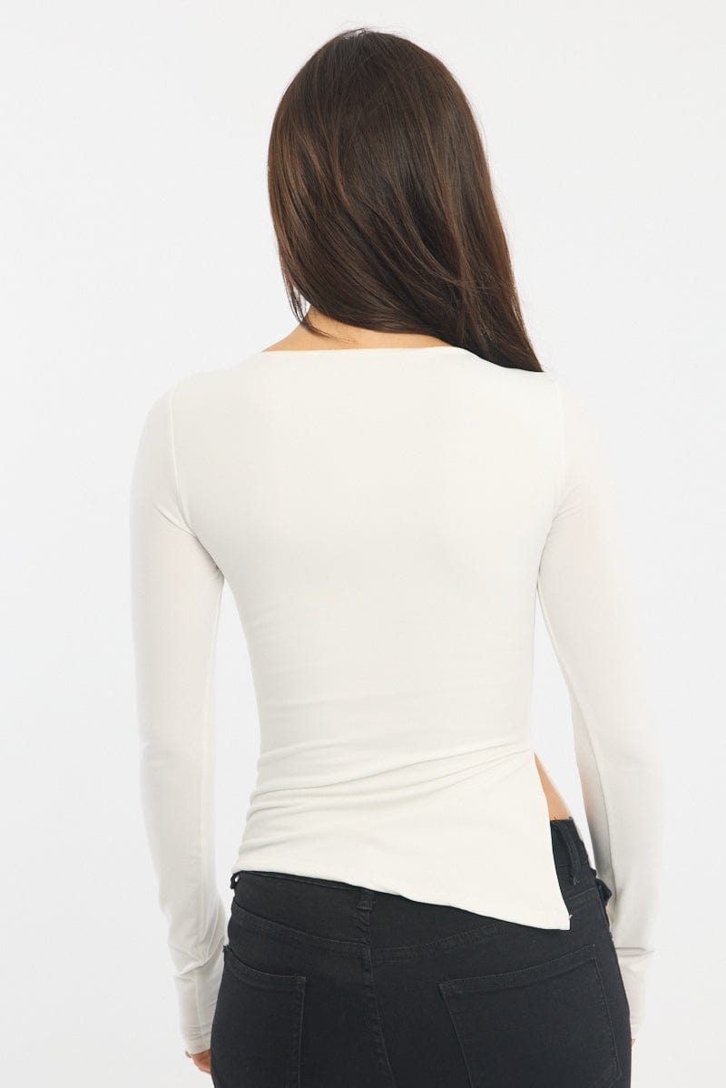White Boat Neck Top Long Sleeve Side Split
