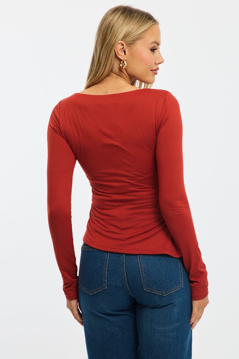 Red Boat Neck Top Long Sleeve Side Split