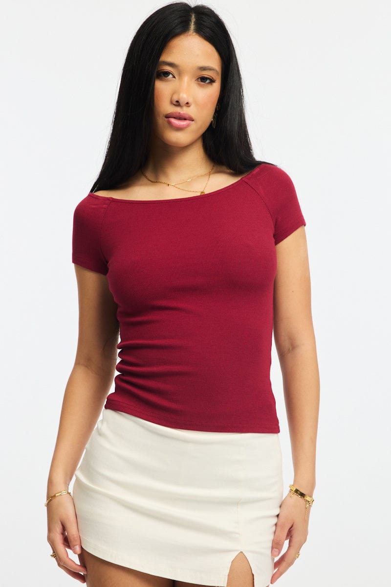 Red Off Shoulder Top Rib