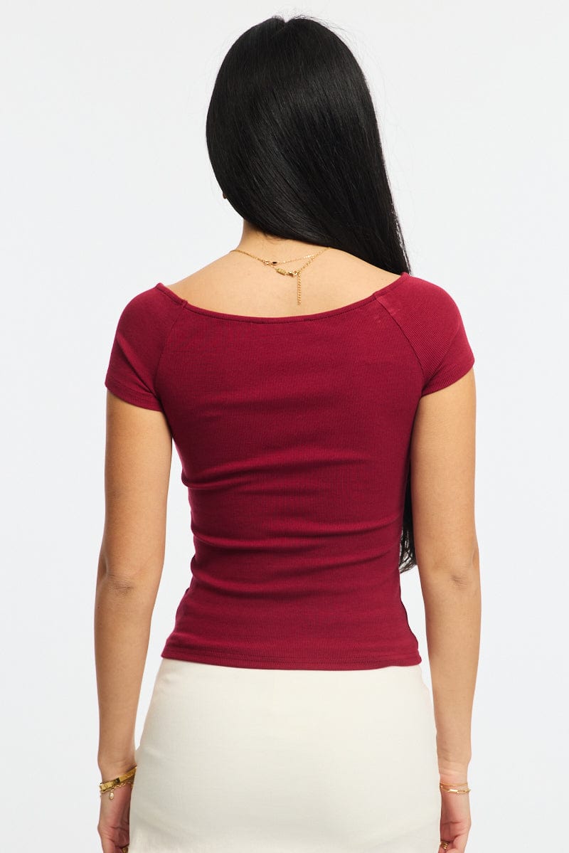 Red Off Shoulder Top Rib