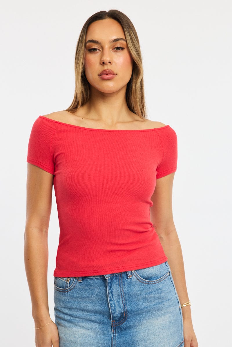Red Off Shoulder Top Rib
