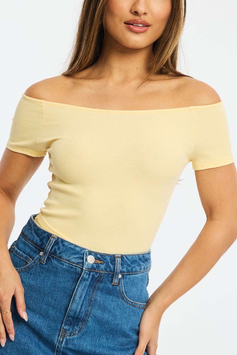 Yellow Off Shoulder Top Rib