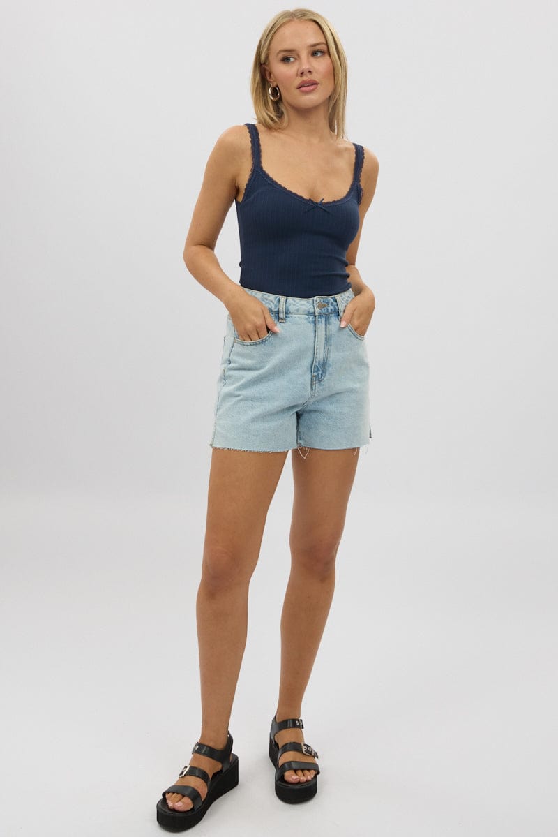 Blue Sleeveless Tank Top Rib