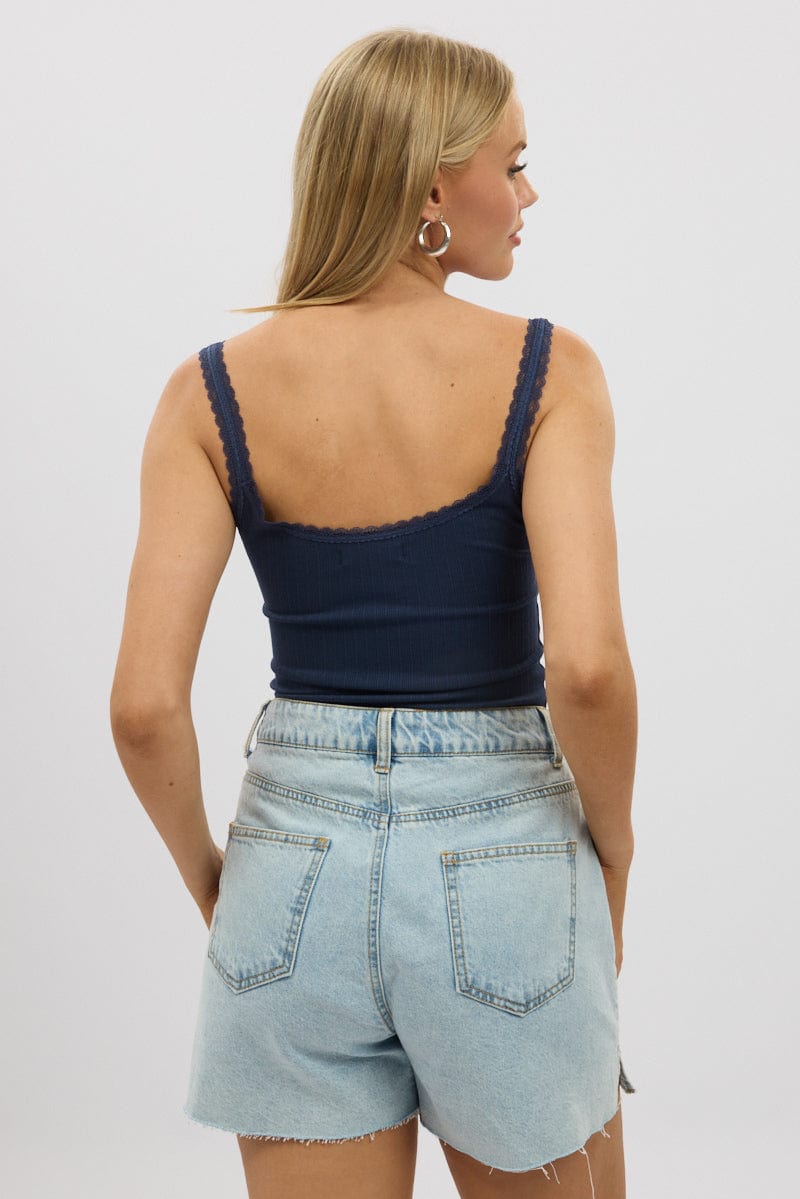 Blue Sleeveless Tank Top Rib
