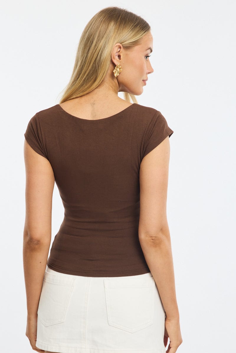 Brown Square Neck T-Shirt Cap Sleeve
