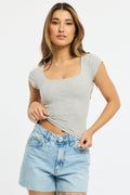 Grey Square Neck T-Shirt Cap Sleeve