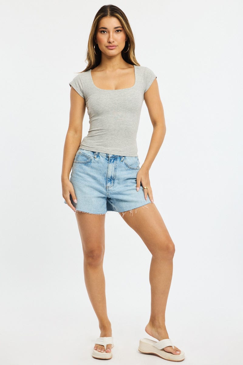 Grey Square Neck T-Shirt Cap Sleeve
