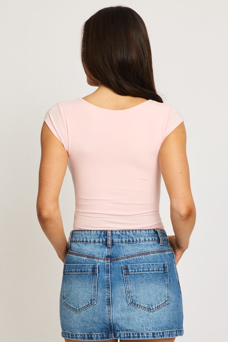 Pink Square Neck T-Shirt Cap Sleeve