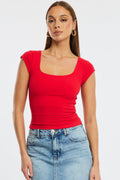 Red Square Neck T-Shirt Cap Sleeve