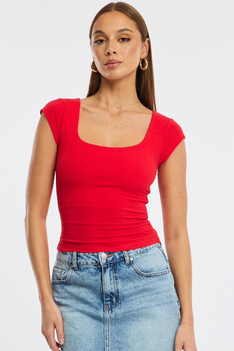 Red Square Neck T-Shirt Cap Sleeve
