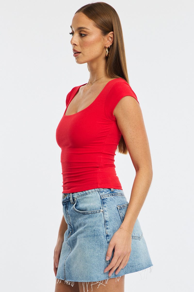 Red Square Neck T-Shirt Cap Sleeve