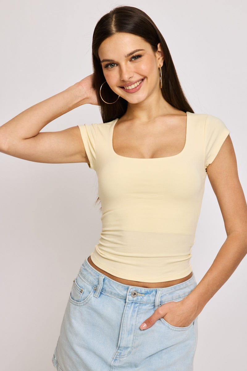 Yellow Square Neck T-Shirt Cap Sleeve