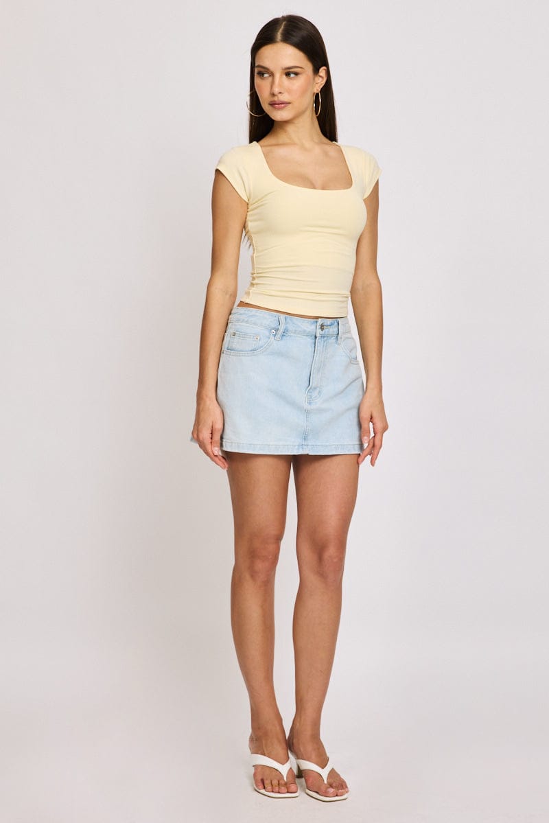 Yellow Square Neck T-Shirt Cap Sleeve
