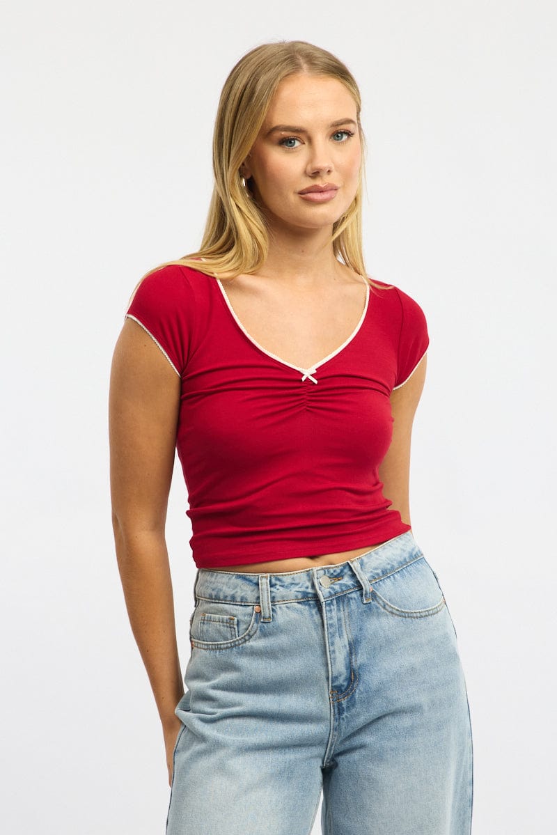 Red T-Shirt Short Sleeve V-Neck Lace Trim
