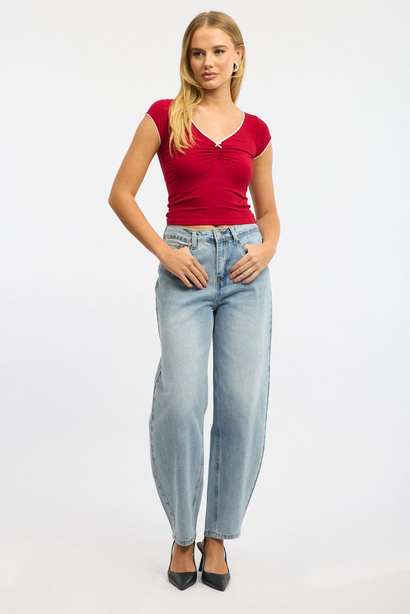 Red T-Shirt Short Sleeve V-Neck Lace Trim