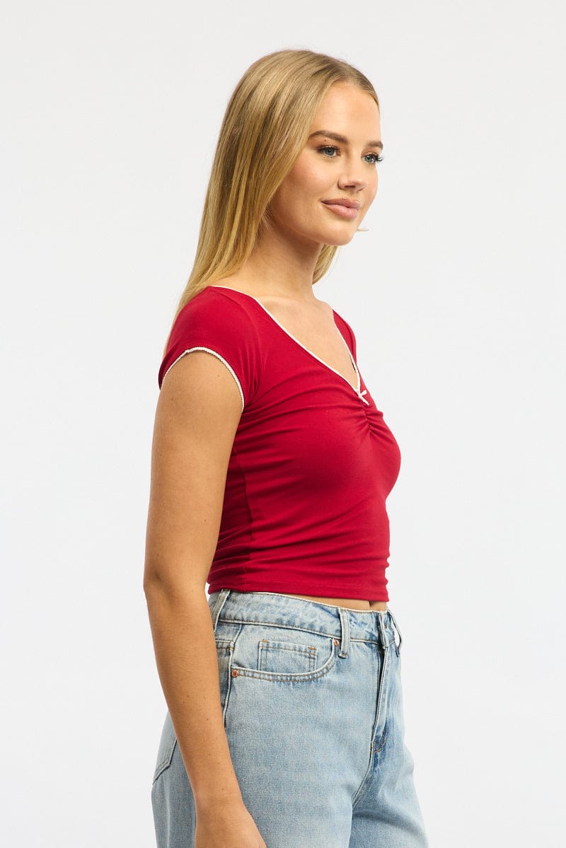 Red T-Shirt Short Sleeve V-Neck Lace Trim
