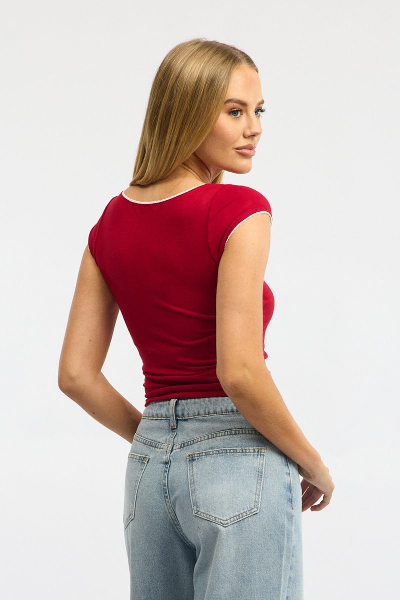 Red T-Shirt Short Sleeve V-Neck Lace Trim