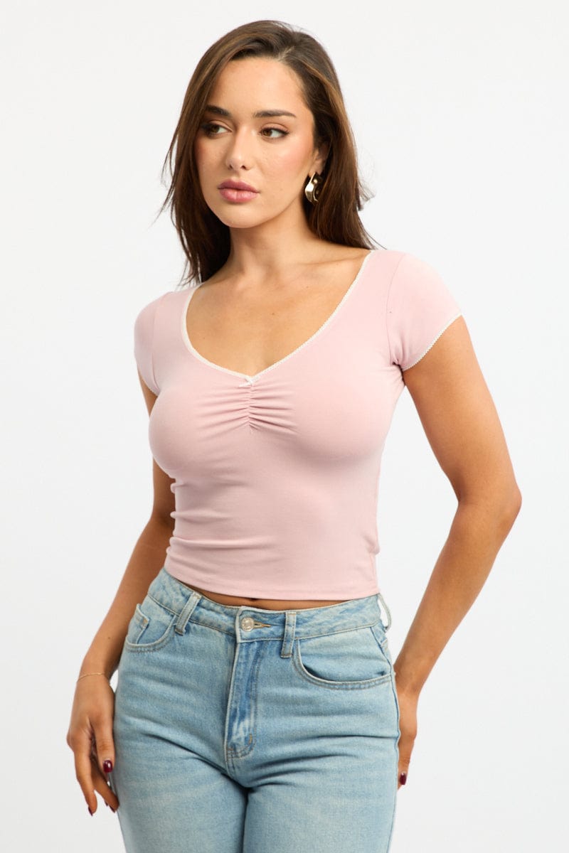 Pink T-Shirt Short Sleeve V-Neck Lace Trim