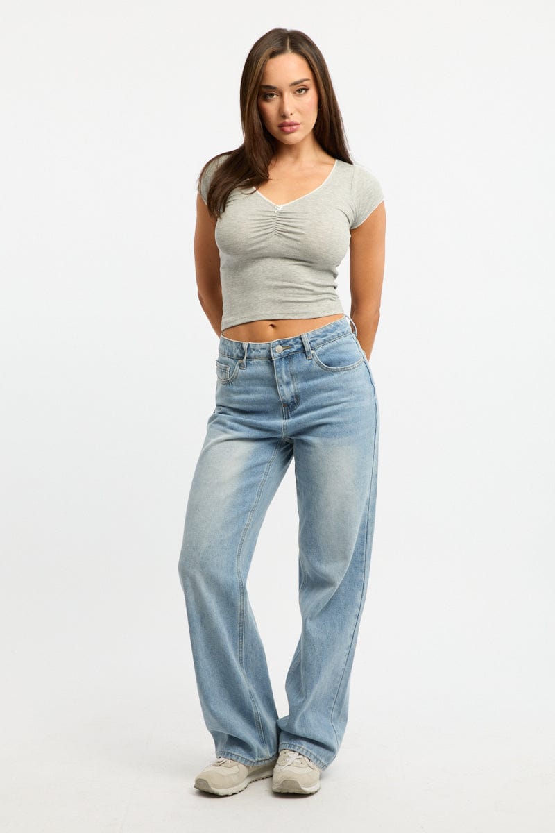 Grey T-Shirt Short Sleeve V-Neck Lace Trim
