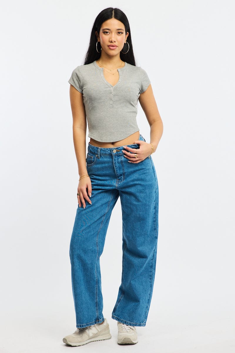 Grey T-Shirt Short Sleeve Henley Neck Rib