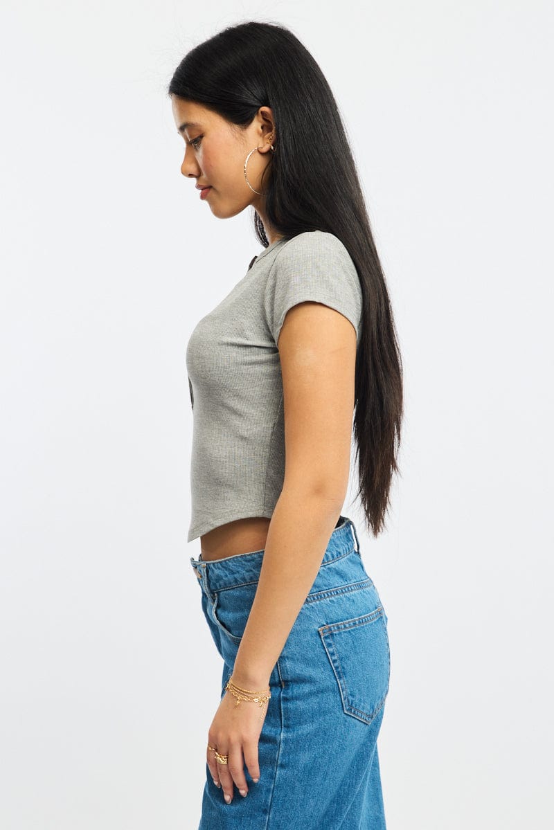 Grey T-Shirt Short Sleeve Henley Neck Rib