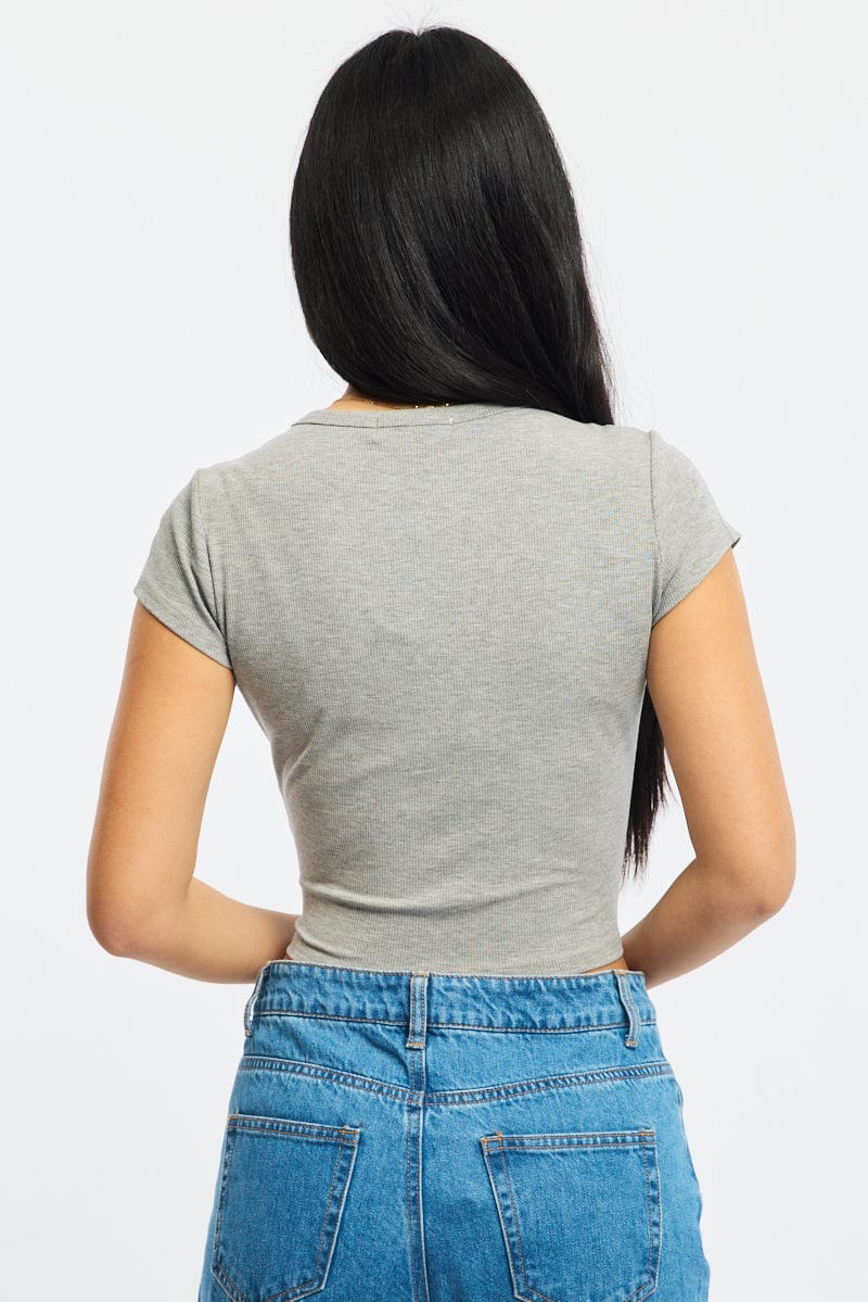 Grey T-Shirt Short Sleeve Henley Neck Rib