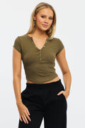 Green T-Shirt Short Sleeve Henley Neck Rib