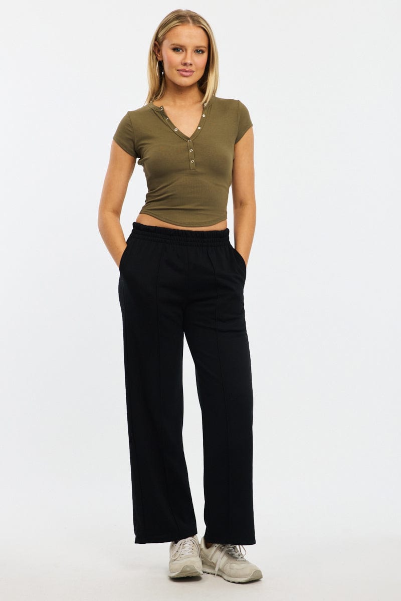 Green T-Shirt Short Sleeve Henley Neck Rib