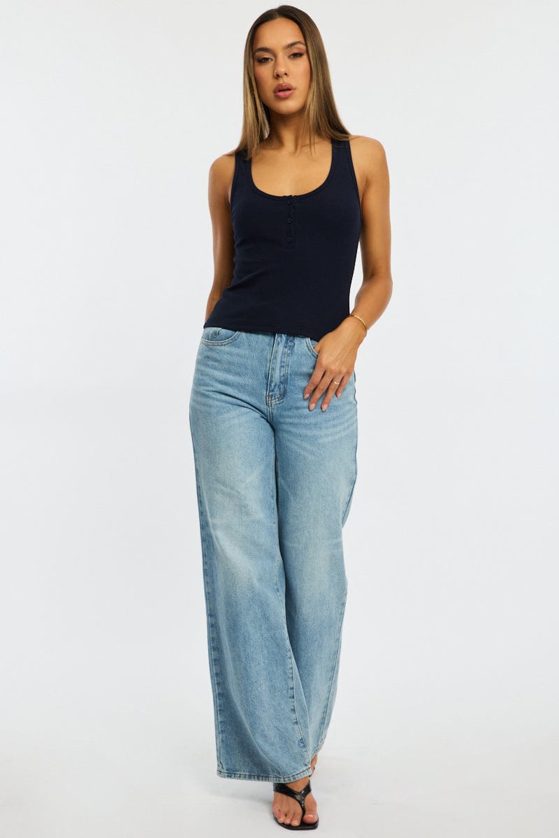 Blue Henley Tank Top Sleeveless