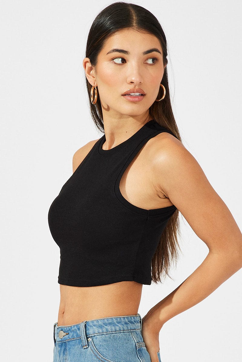 Black Crop Tank Top Crew Neck