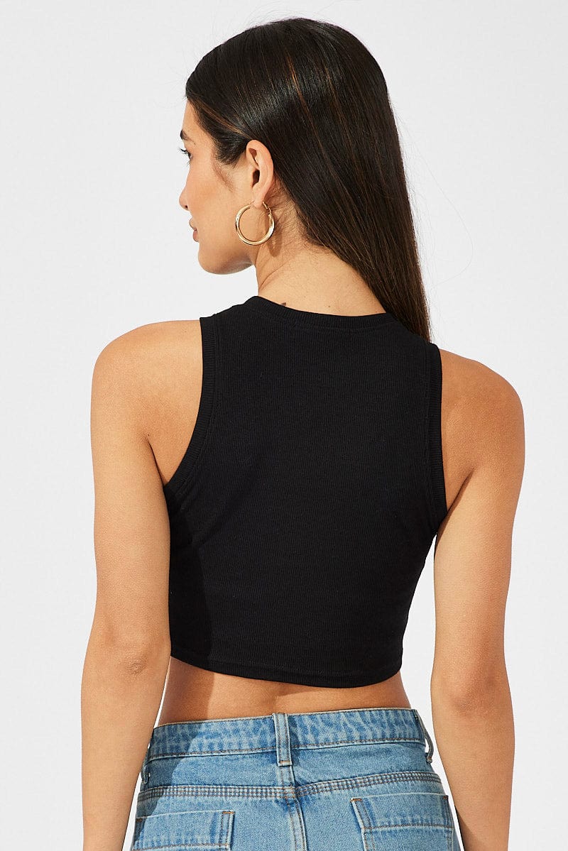 Black Crop Tank Top Crew Neck