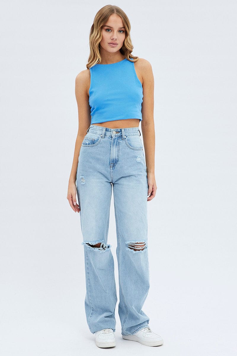 Blue Crop Tank Top Cotton