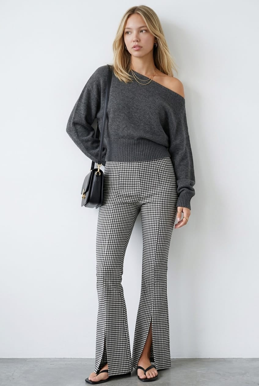 Check Flare Pants High Rise Front Split