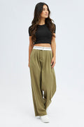 Green Wide Leg Pants Turn Down Waist Low