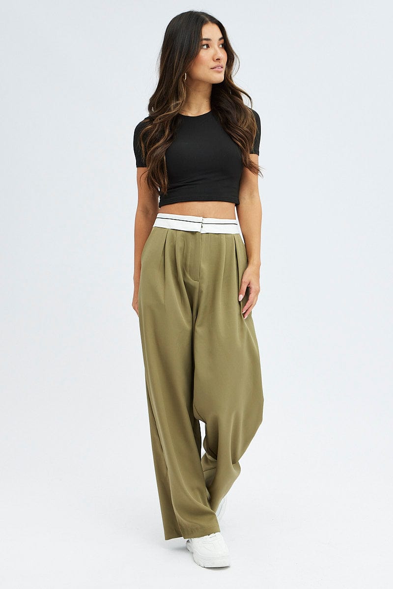 Green Wide Leg Pants Turn Down Waist Low