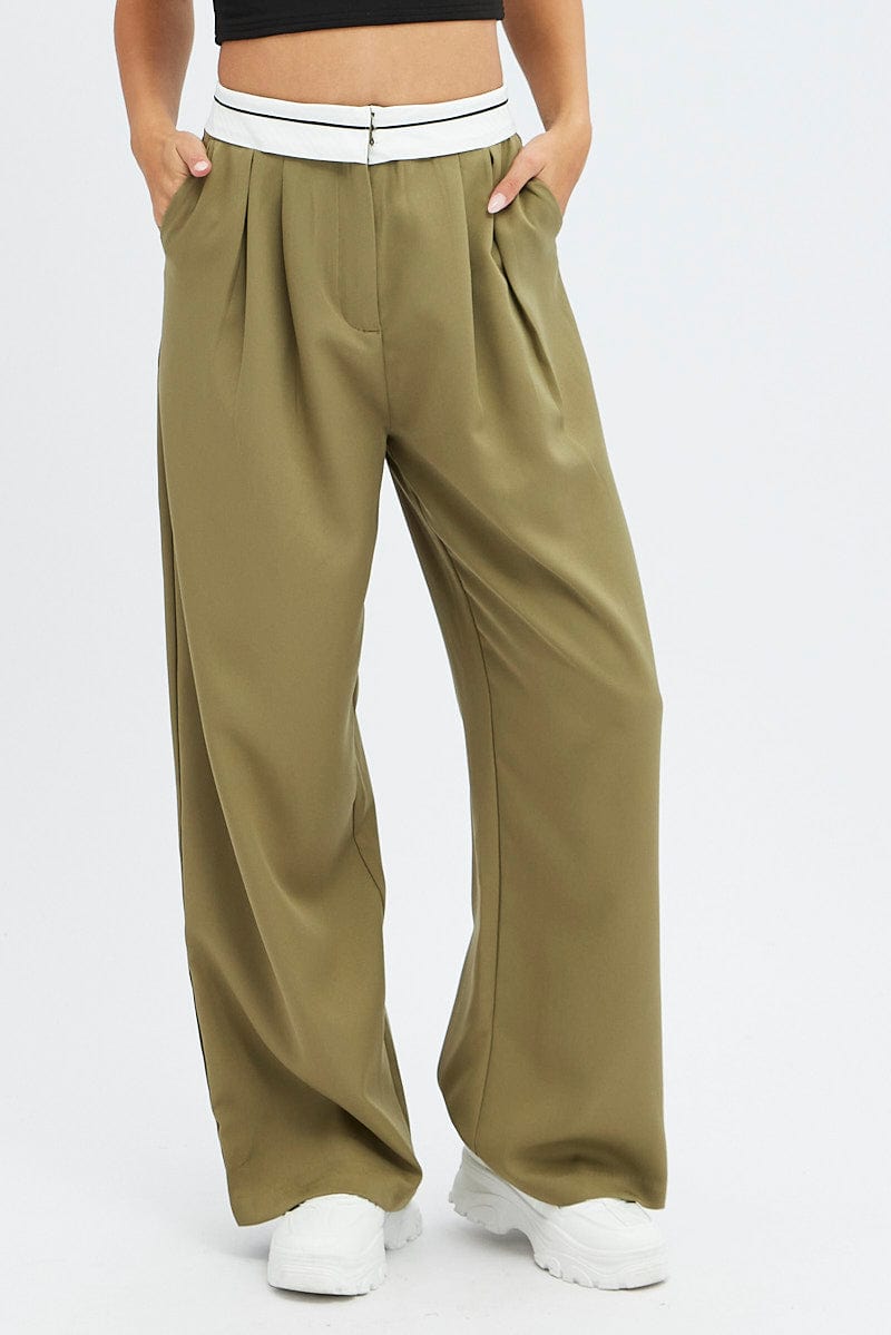 Green Wide Leg Pants Turn Down Waist Low