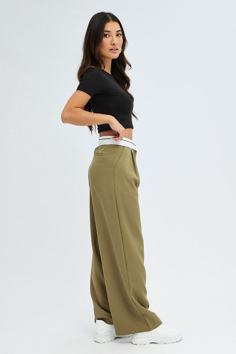 Green Wide Leg Pants Turn Down Waist Low