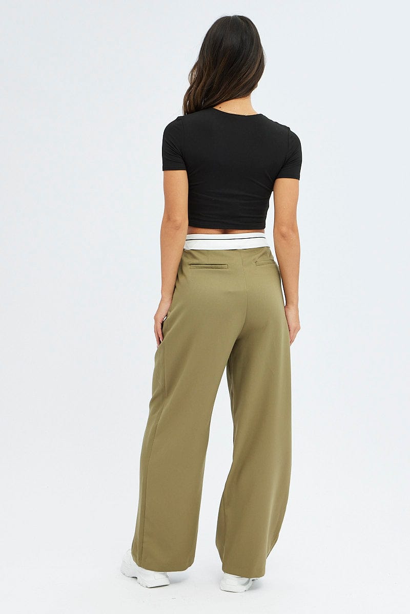 Green Wide Leg Pants Turn Down Waist Low