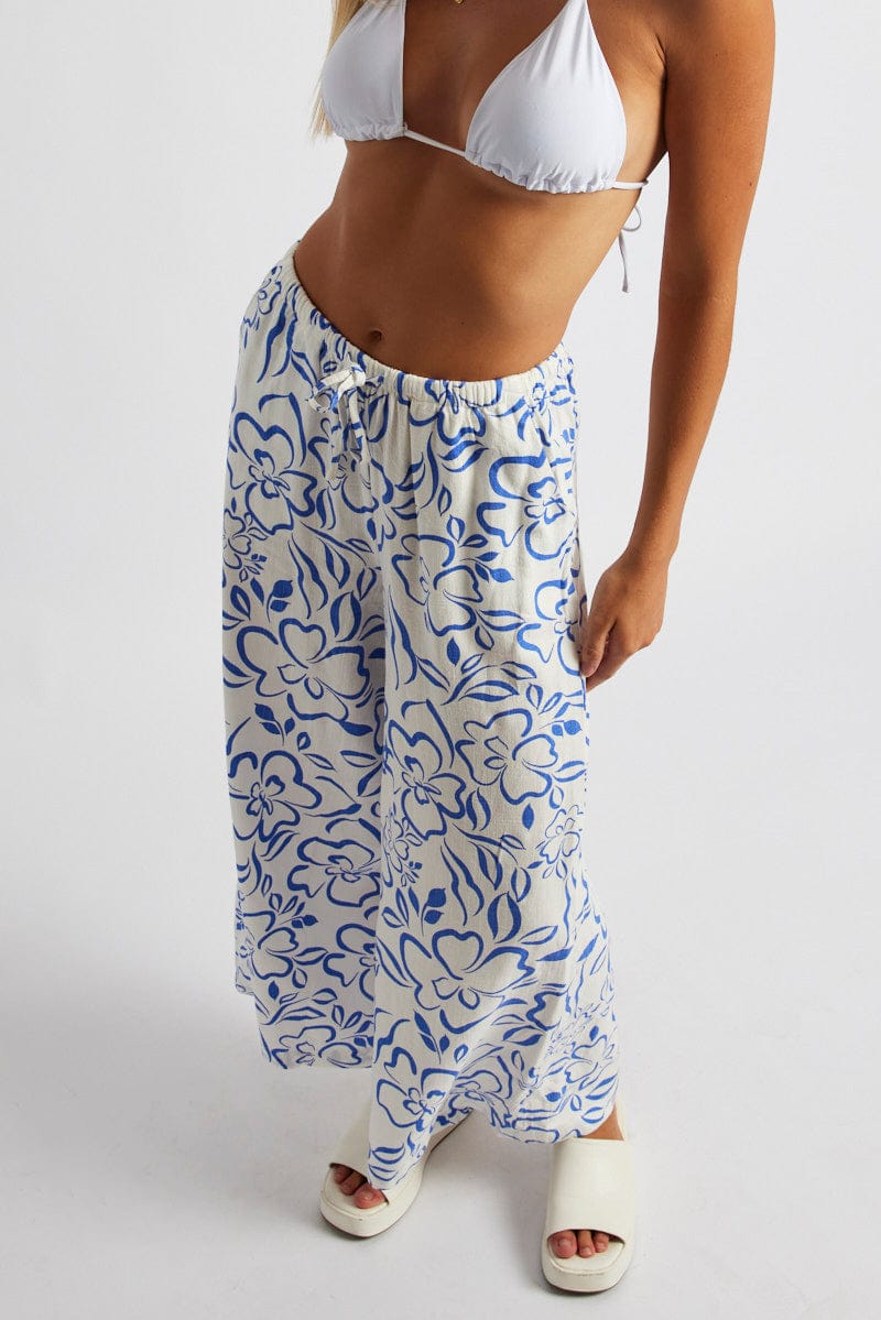 Blue Abstract Wide Leg Pants High Rise