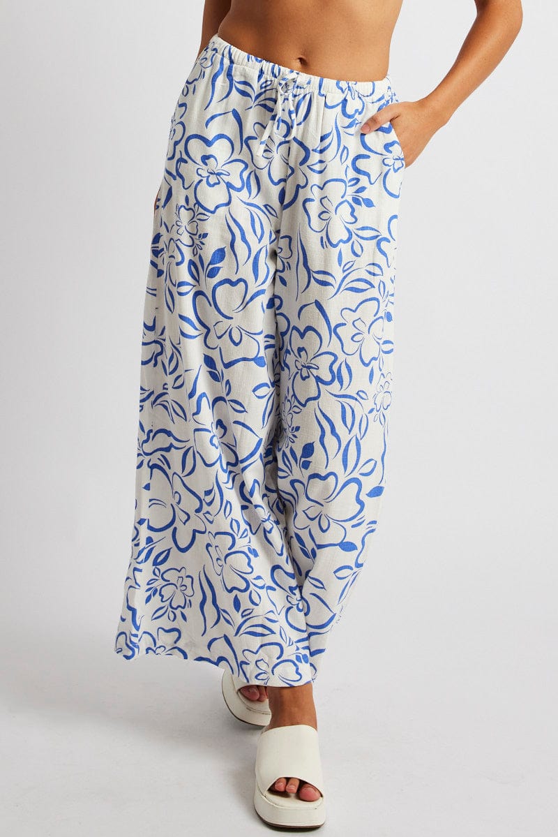 Blue Abstract Wide Leg Pants High Rise
