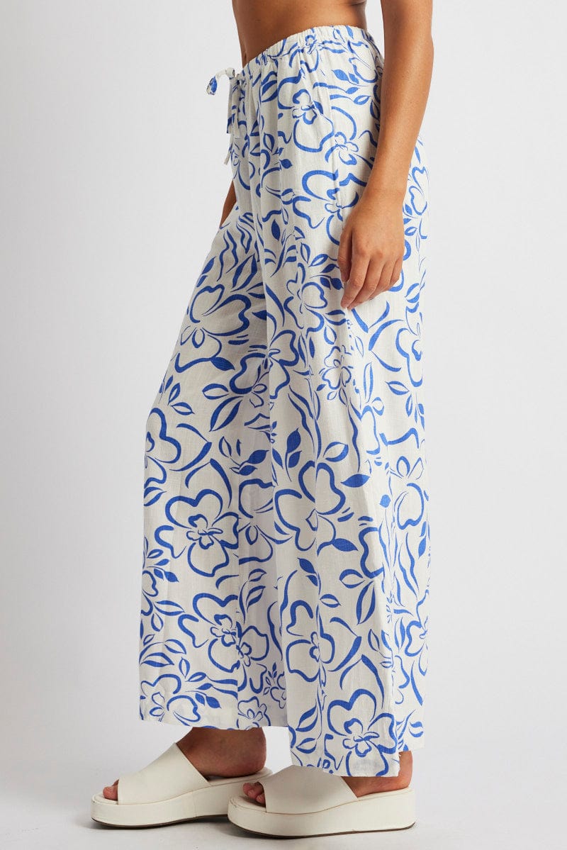 Blue Abstract Wide Leg Pants High Rise