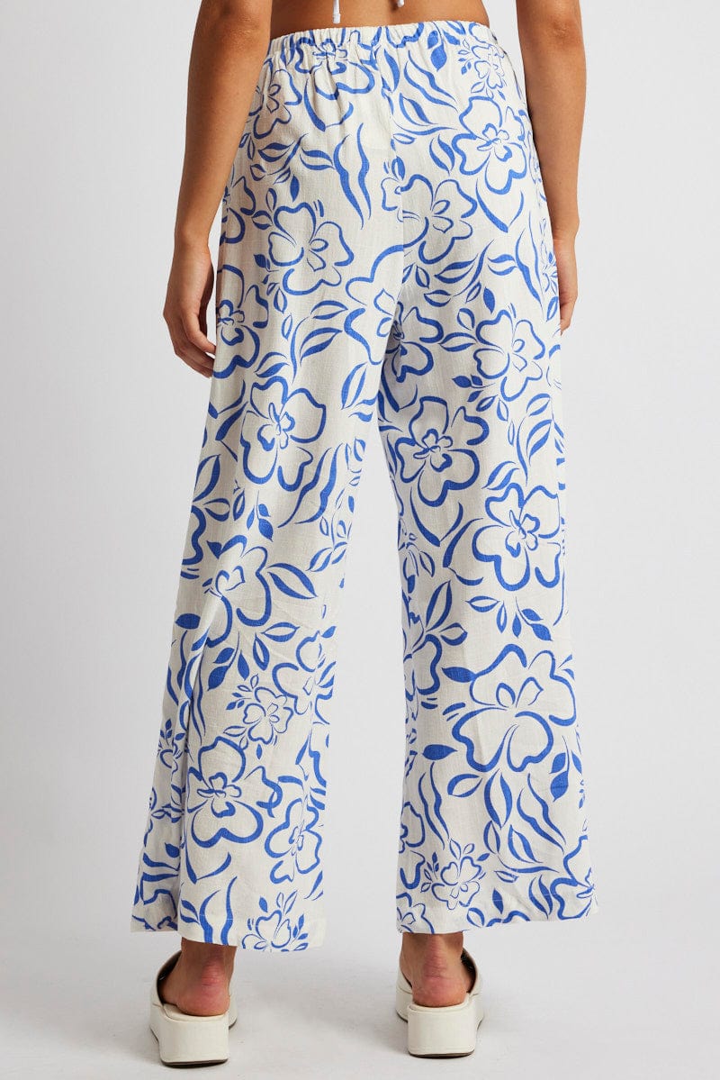 Blue Abstract Wide Leg Pants High Rise