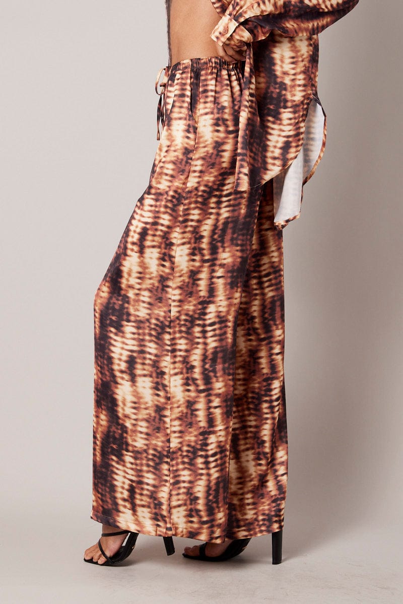 Brown Abstract Wide Leg Pants High Rise Satin