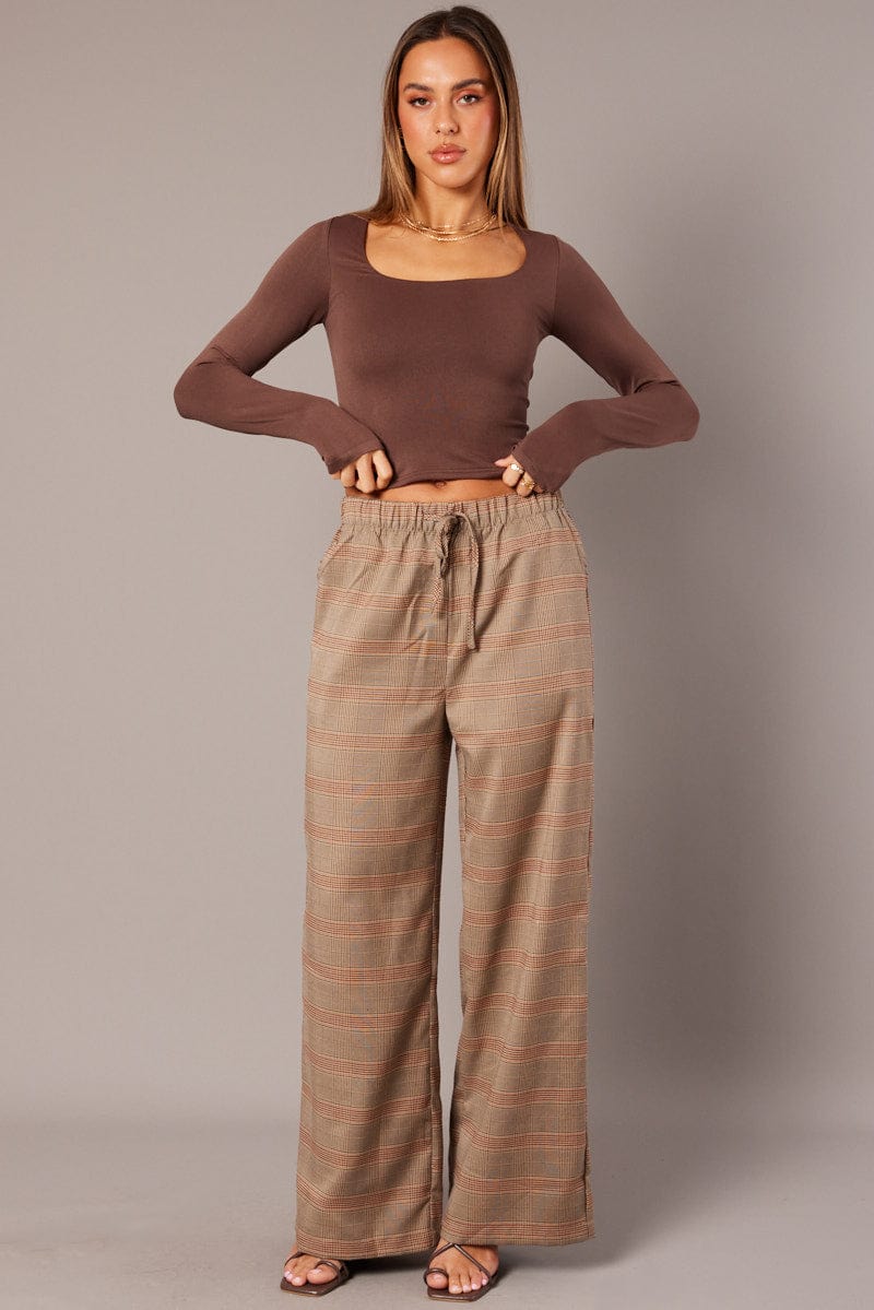 Beige Check Wide Leg Pants Elastic Waist