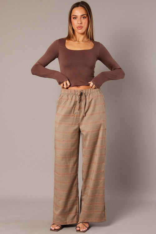Beige Check Wide Leg Pants Elastic Waist