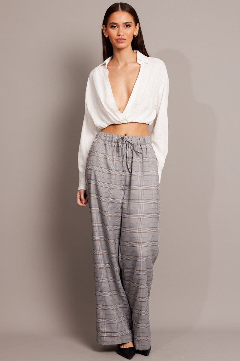 Grey Check Wide Leg Pants Elastic Waist