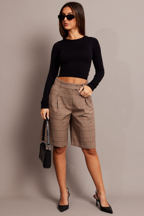 Beige Check Longline Shorts Mid Rise