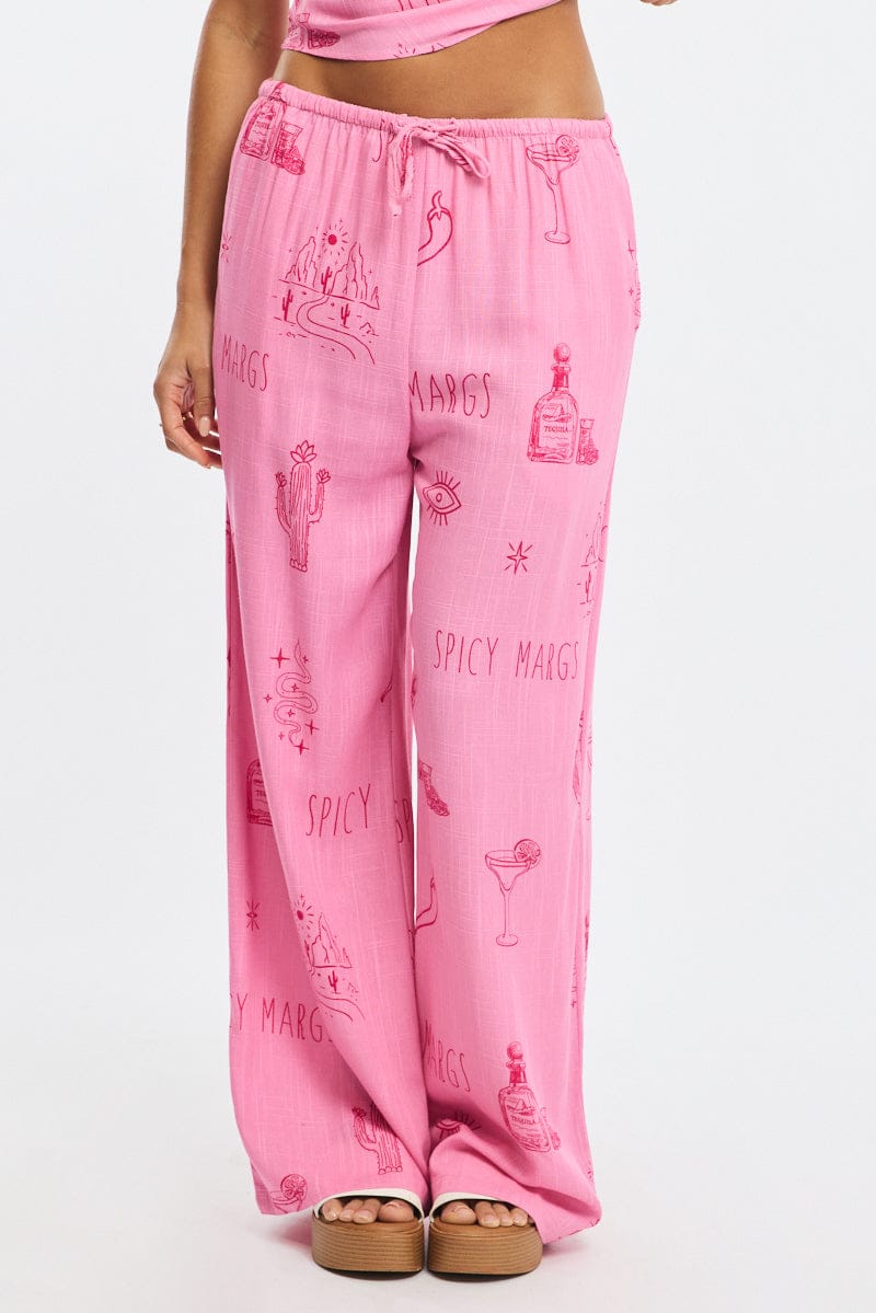 Pink Abstract Wide Leg Pants Elasticated Waist
