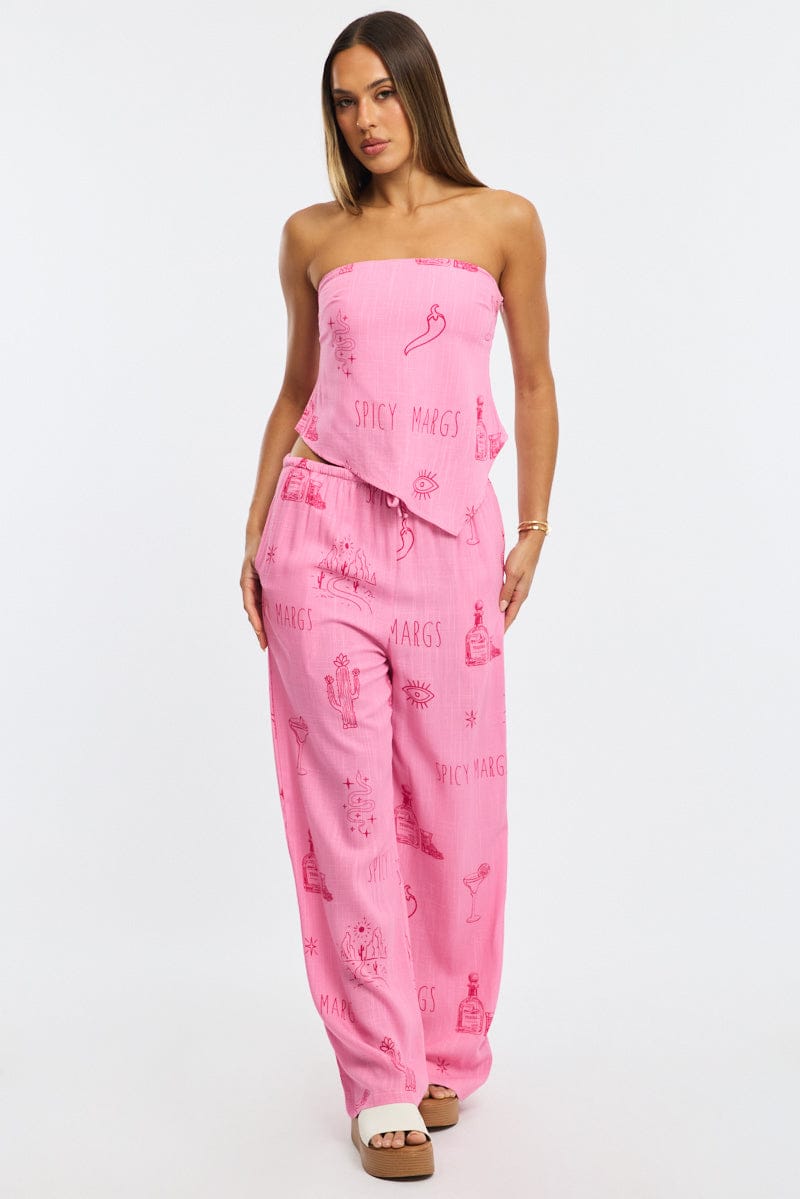 Pink Abstract Wide Leg Pants Elasticated Waist